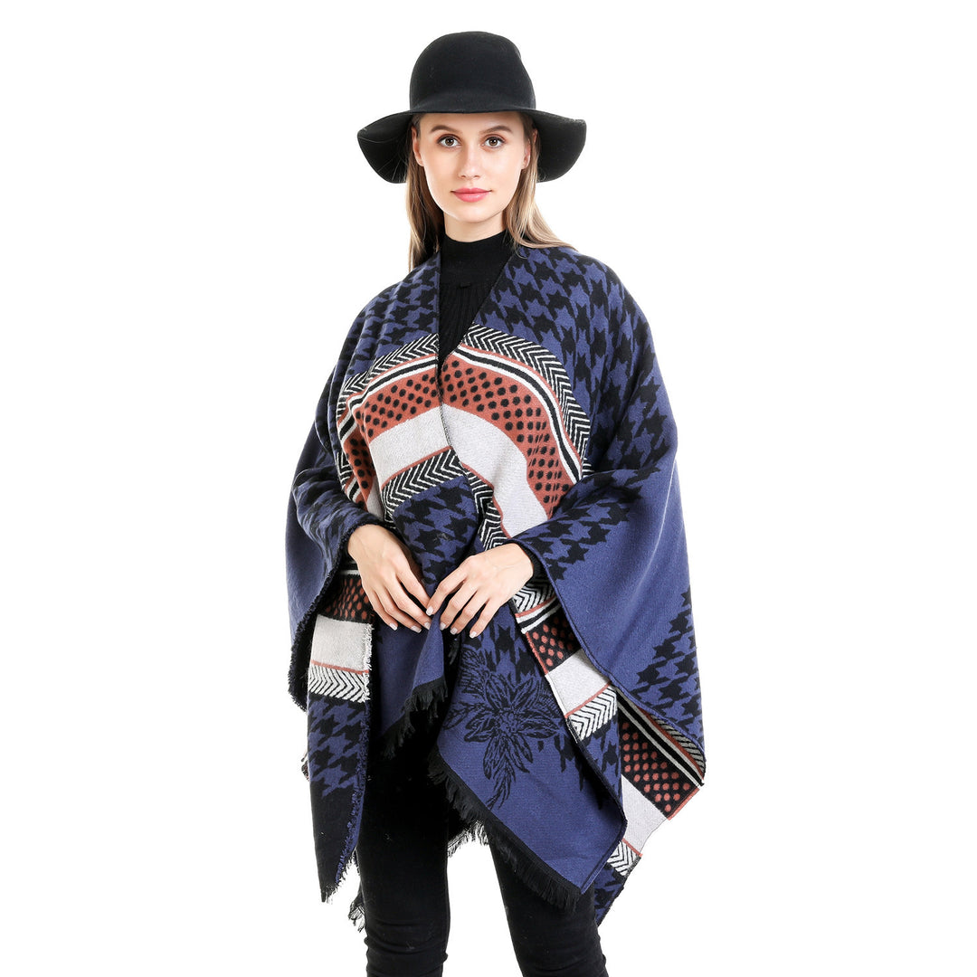 Damen Oversize-Ruana mit Hahnentritt-Jacquard und Fransensaum Drune