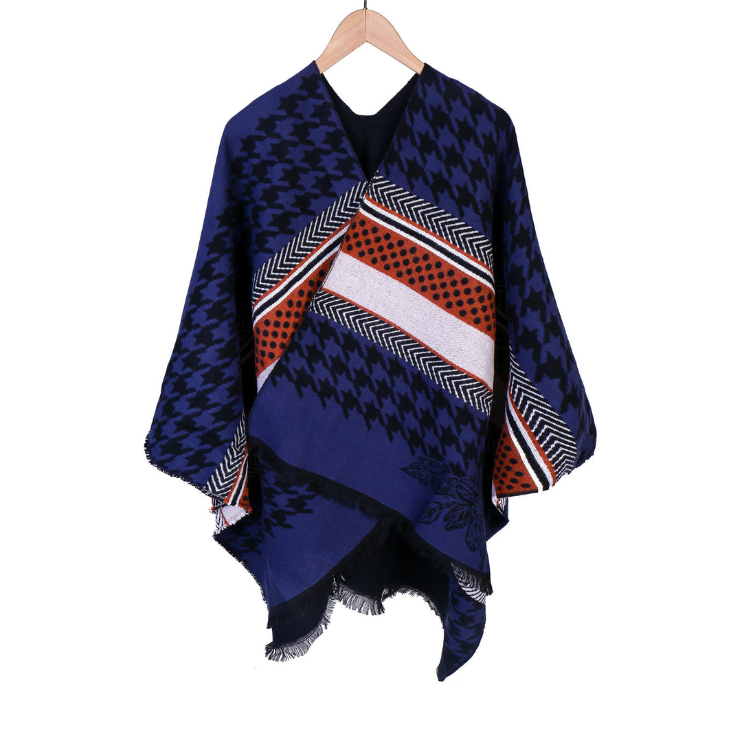 Damen Oversize-Ruana mit Hahnentritt-Jacquard und Fransensaum Drune