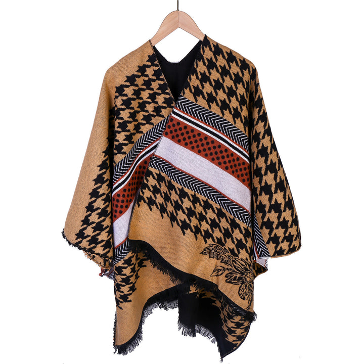Damen Oversize-Ruana mit Hahnentritt-Jacquard und Fransensaum Drune