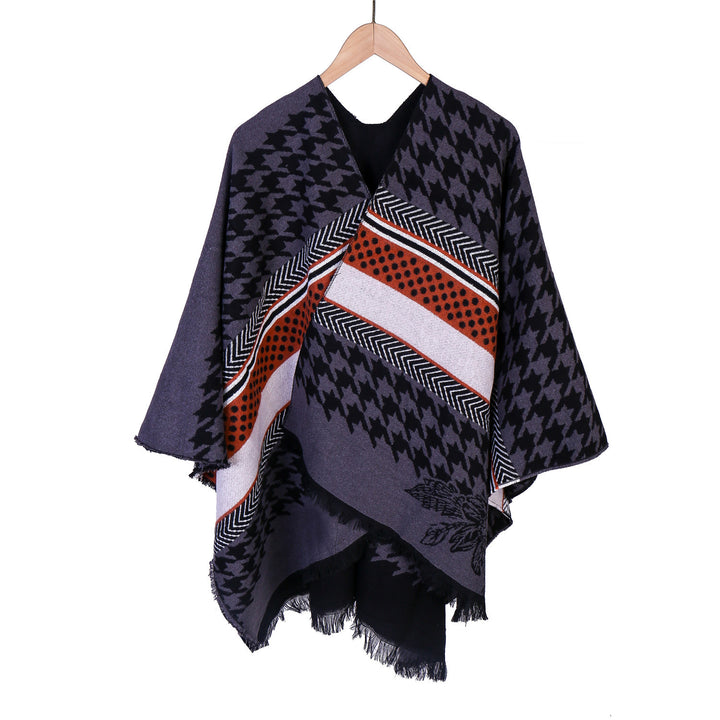 Damen Oversize-Ruana mit Hahnentritt-Jacquard und Fransensaum Drune