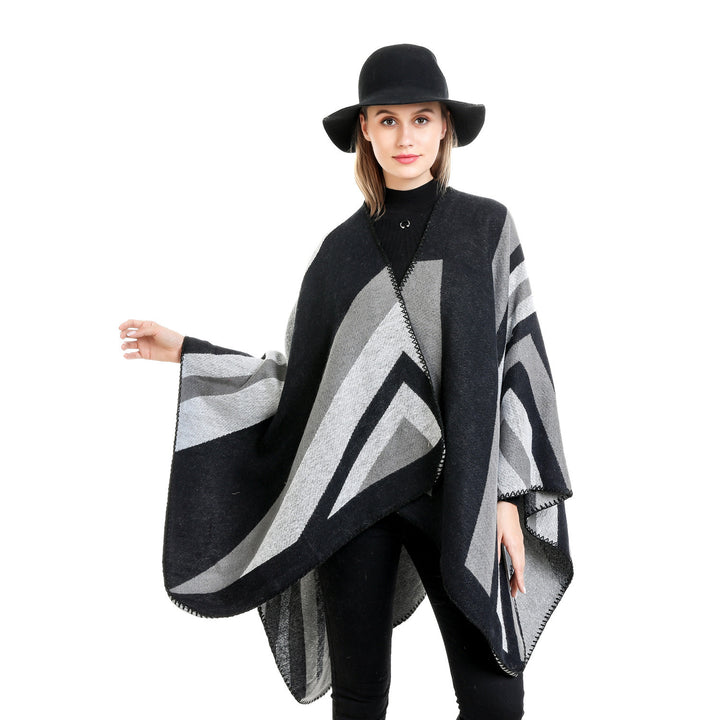 Damen Oversize-Ruana mit grafischem Blockmuster und dekorativer Kettelnaht Drune