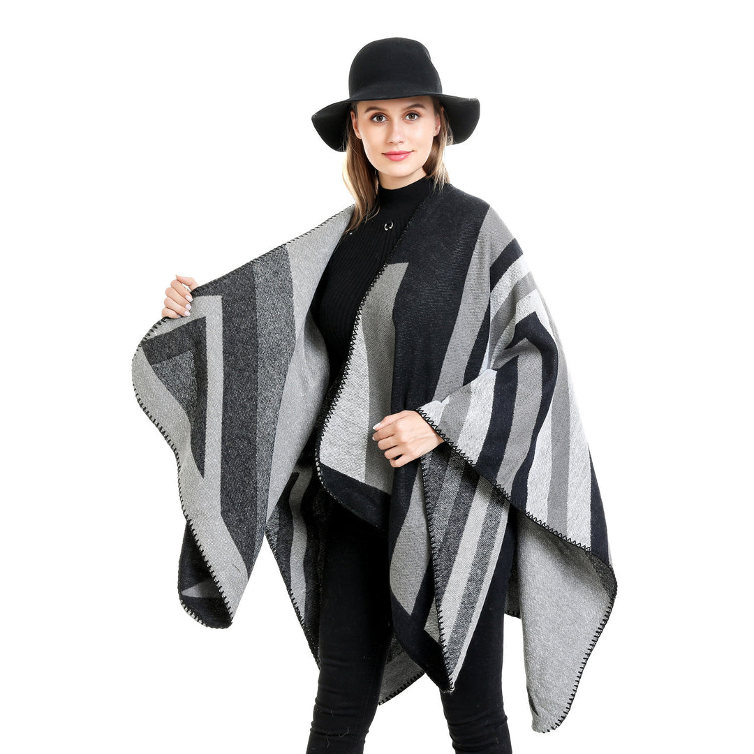 Damen Oversize-Ruana mit grafischem Blockmuster und dekorativer Kettelnaht Drune