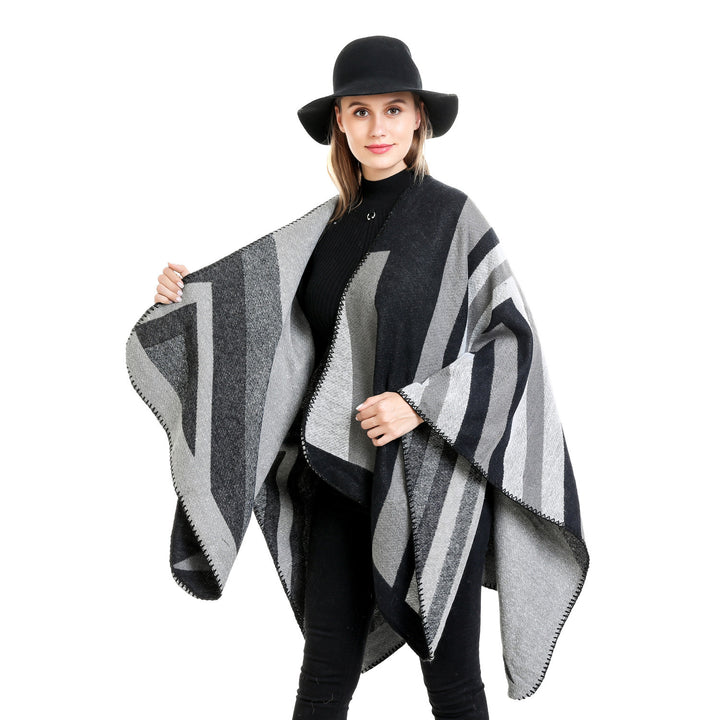 Damen Oversize-Ruana mit grafischem Blockmuster und dekorativer Kettelnaht Drune