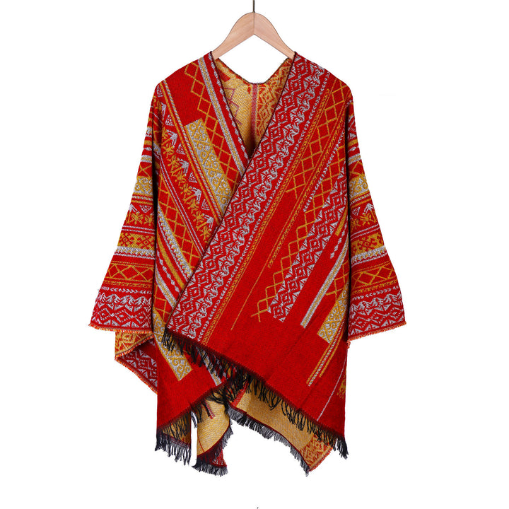 Damen Ruana-Poncho im kastigen Kimono-Fall mit feiner Jacquard‑Webstruktur und Fransensaum Drune