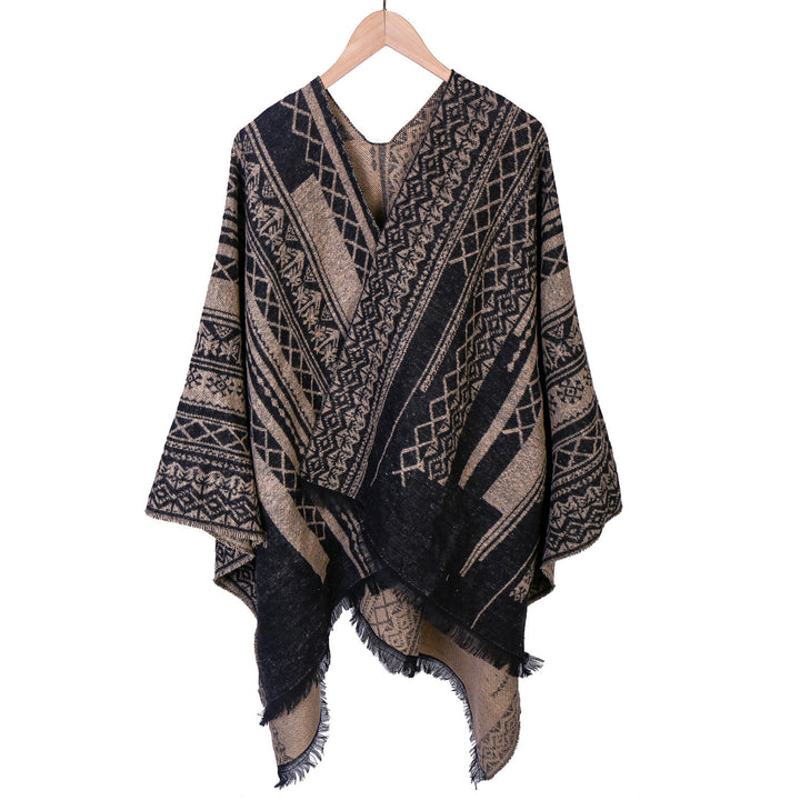 Damen Ruana-Poncho im kastigen Kimono-Fall mit feiner Jacquard‑Webstruktur und Fransensaum Drune