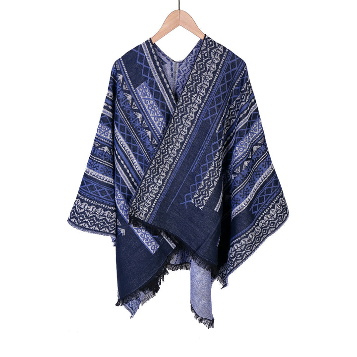 Damen Ruana-Poncho im kastigen Kimono-Fall mit feiner Jacquard‑Webstruktur und Fransensaum Drune