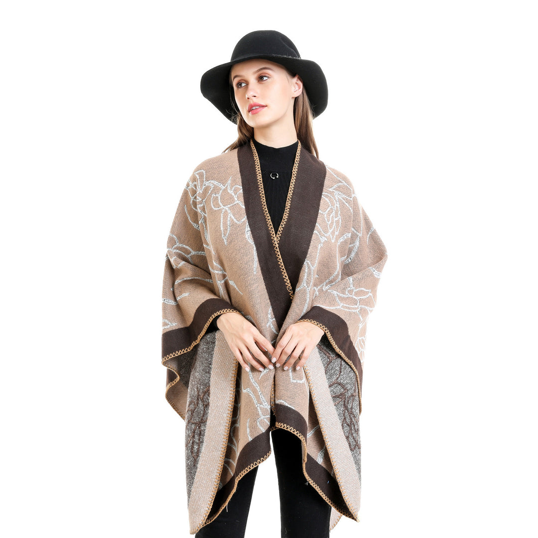 Damen Oversize-Strickruana mit floraler Kontraststickerei Drune