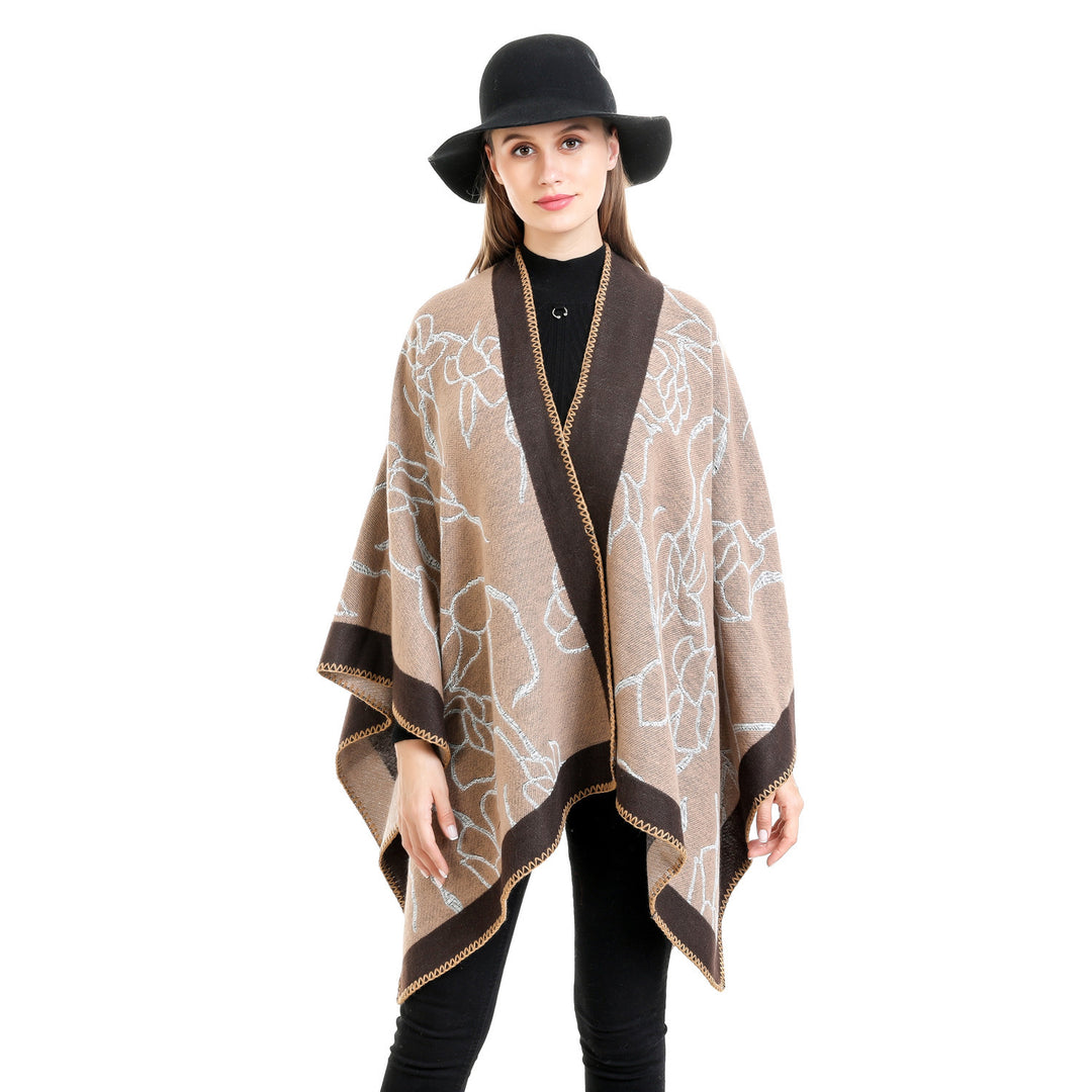 Damen Oversize-Strickruana mit floraler Kontraststickerei Drune