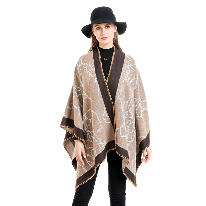 Damen Oversize-Strickruana mit floraler Kontraststickerei Drune
