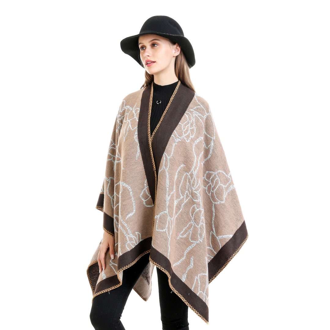 Damen Oversize-Strickruana mit floraler Kontraststickerei Drune