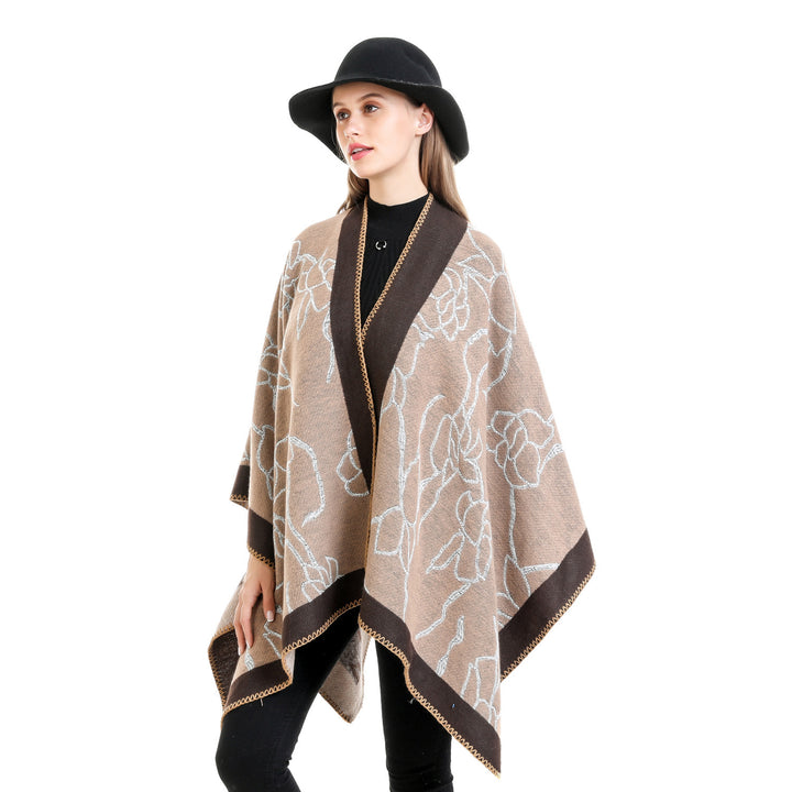 Damen Oversize-Strickruana mit floraler Kontraststickerei Drune