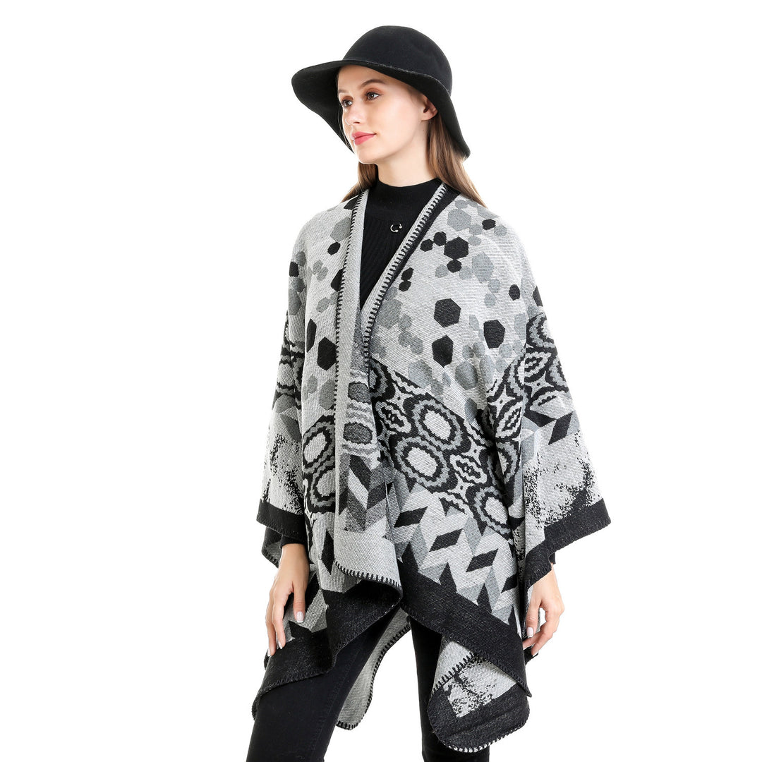 Damen Gemusterter Jacquard-Ruana-Überwurf mit V-Ausschnitt und Kettelnaht Drune