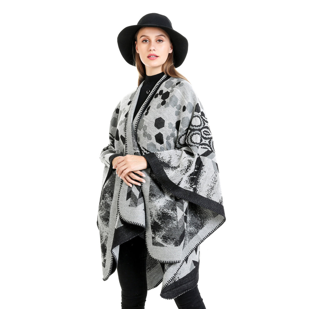 Damen Gemusterter Jacquard-Ruana-Überwurf mit V-Ausschnitt und Kettelnaht Drune
