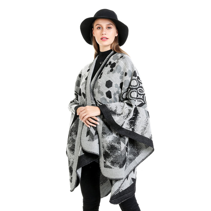 Damen Gemusterter Jacquard-Ruana-Überwurf mit V-Ausschnitt und Kettelnaht Drune