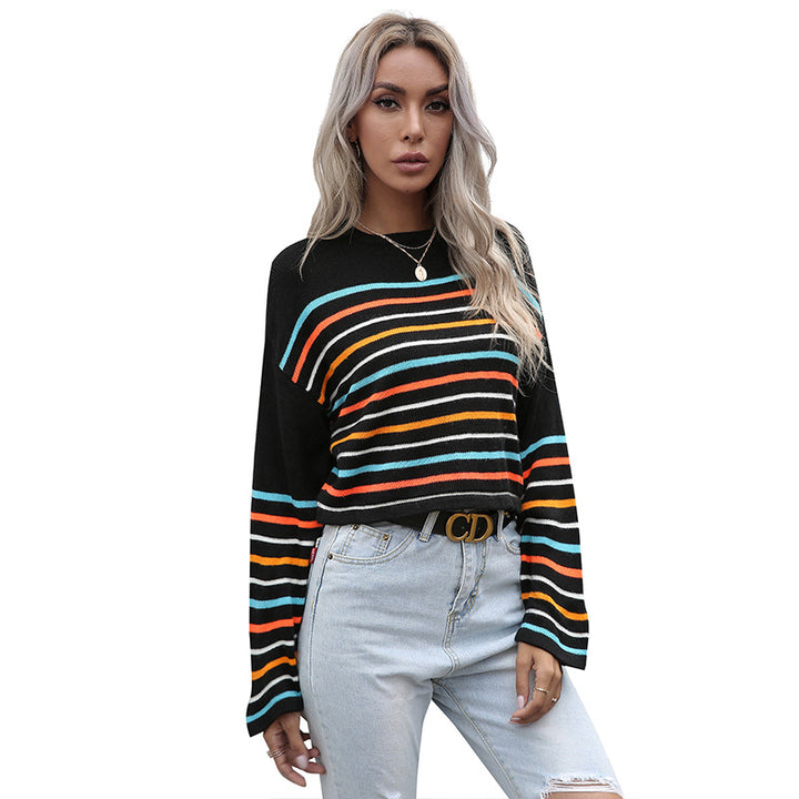 Damen Cropped Feinstrickpullover mit bunten Blockstreifen Drune