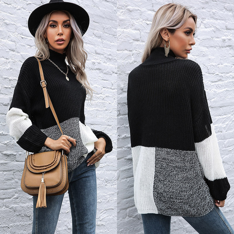 Damen Oversize-Feinstrickpullover im Blockpatch-Design mit Stehkragen Drune