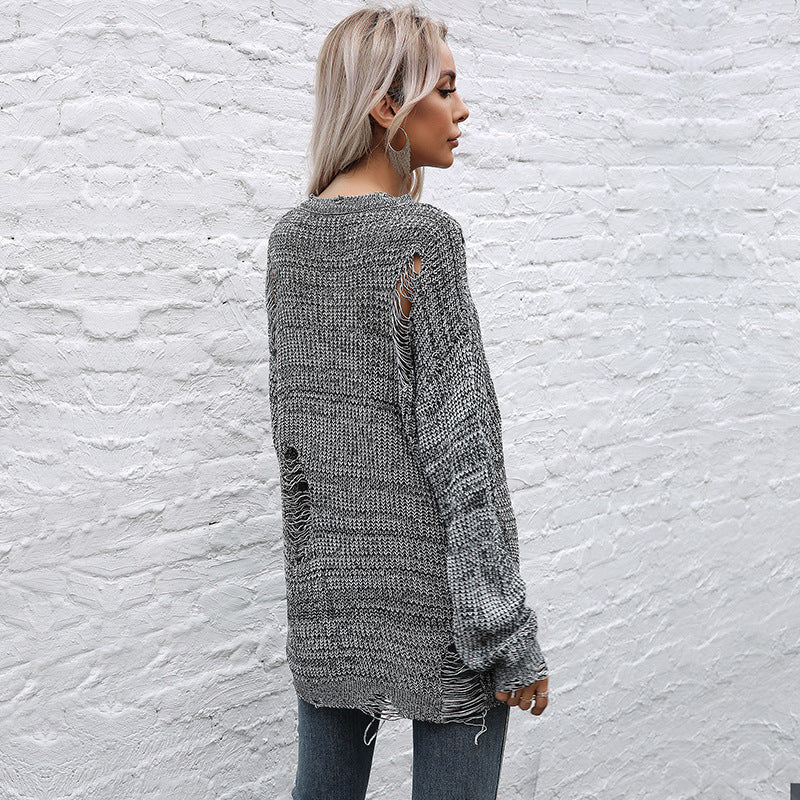 Damen Oversize-Strickpullover mit grobem Strukturstrick, asymmetrischem Saum und Used‑Look Drune