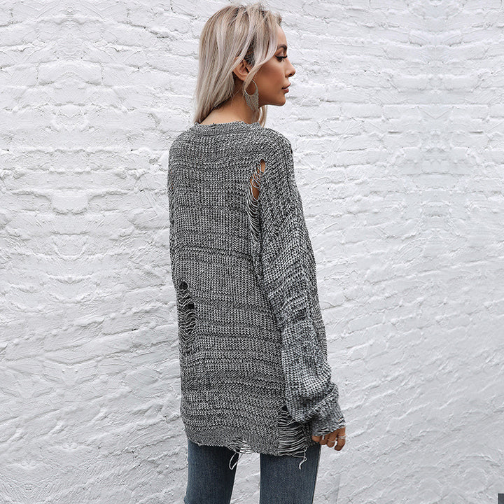 Damen Oversize-Strickpullover mit grobem Strukturstrick, asymmetrischem Saum und Used‑Look Drune