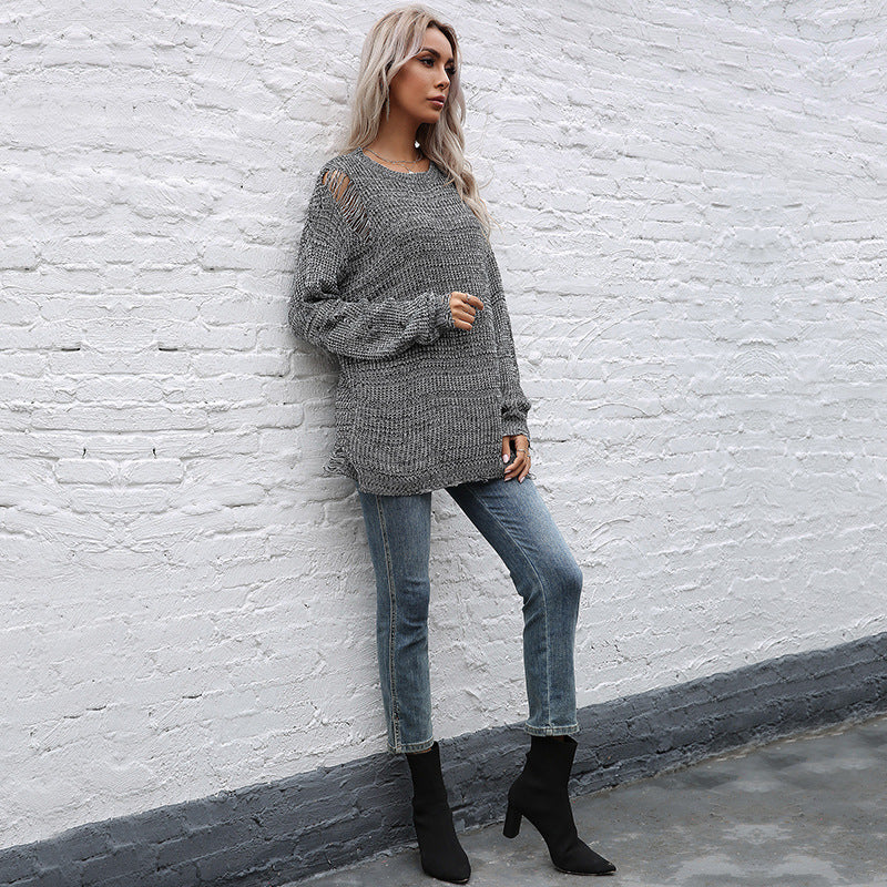 Damen Oversize-Strickpullover mit grobem Strukturstrick, asymmetrischem Saum und Used‑Look Drune