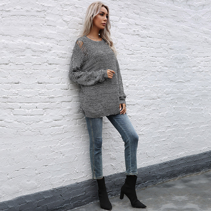 Damen Oversize-Strickpullover mit grobem Strukturstrick, asymmetrischem Saum und Used‑Look Drune
