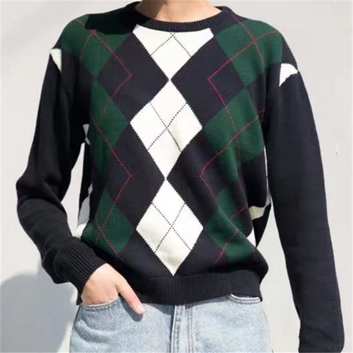 Damen nan Argyle Strickpullover mit Rundhalsausschnitt und geripptem Bund Drune