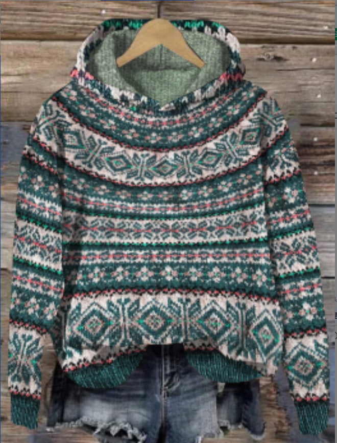 Drune | Damen Strickhoodie mit norwegischem Muster und Kapuze