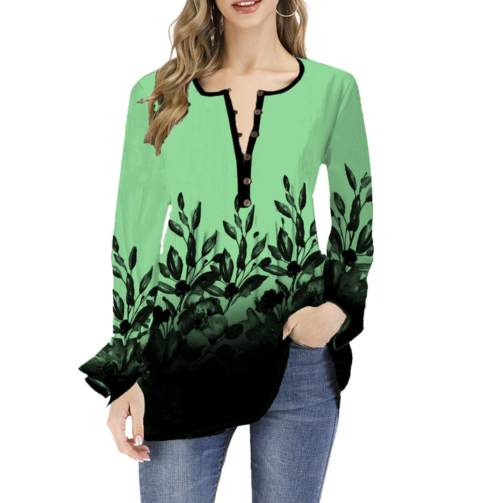 Damen Lockeres Langarm-Tunika-Shirt mit Henley-Knopfleiste und floralem Ombre-Print Drune