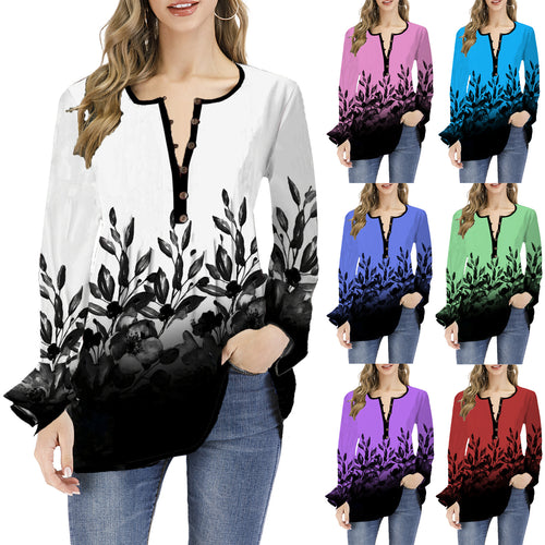 Damen Lockeres Langarm-Tunika-Shirt mit Henley-Knopfleiste und floralem Ombre-Print Drune
