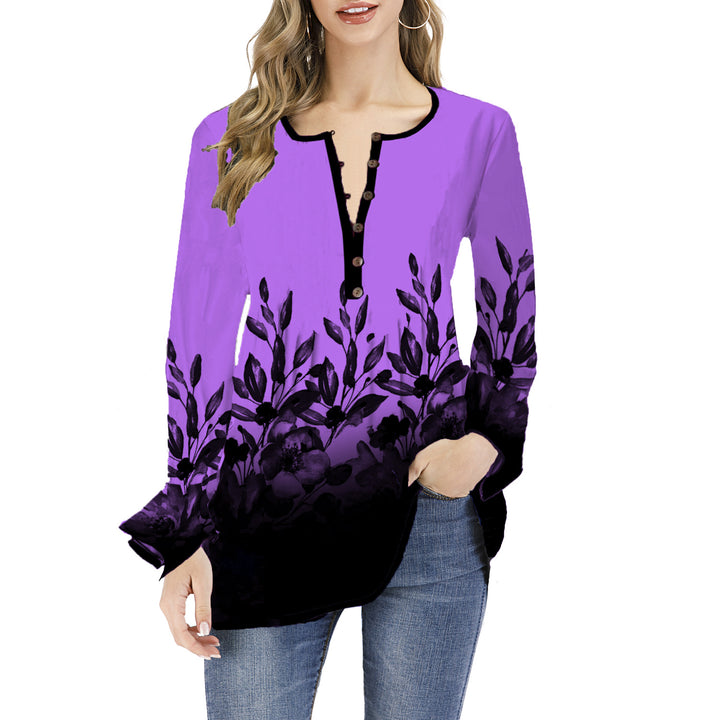 Damen Lockeres Langarm-Tunika-Shirt mit Henley-Knopfleiste und floralem Ombre-Print Drune