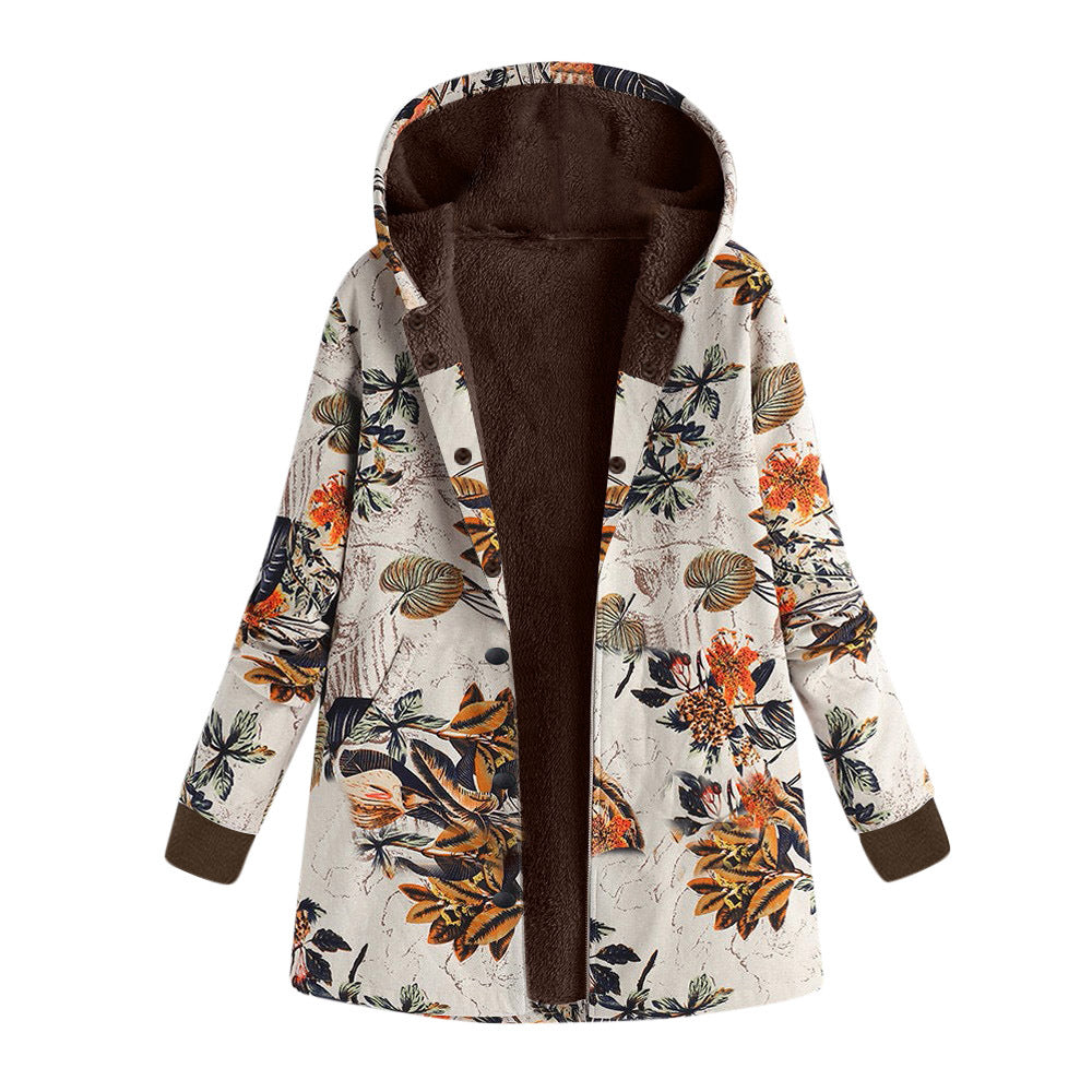 Damen Gefütterte Kapuzenjacke mit Kunstfellfutter, floralem Print und Eingrifftaschen Drune