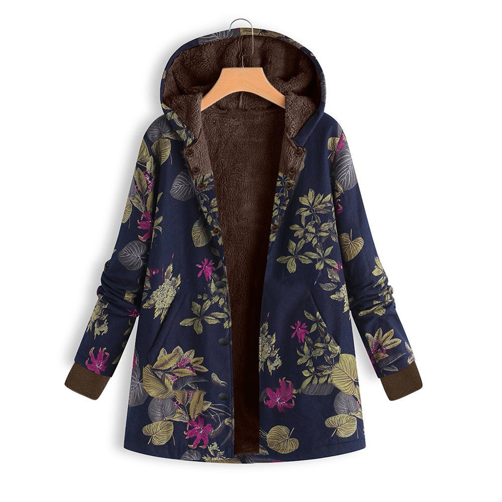 Damen Gefütterte Kapuzenjacke mit Kunstfellfutter, floralem Print und Eingrifftaschen Drune