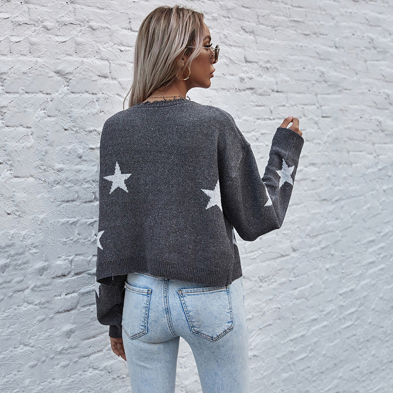 Damen Kurzgeschnittener V‑Ausschnitt Strickcardigan mit Sternen‑Jacquard und Fransenbesatz Drune