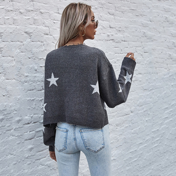 Damen Kurzgeschnittener V‑Ausschnitt Strickcardigan mit Sternen‑Jacquard und Fransenbesatz Drune