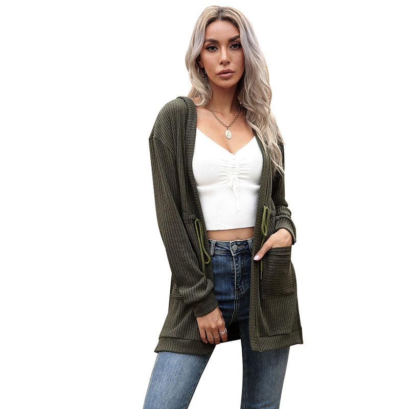Damen Longline Feinstrickcardigan mit Tunnelzug, Rippstruktur und Eingrifftaschen Drune