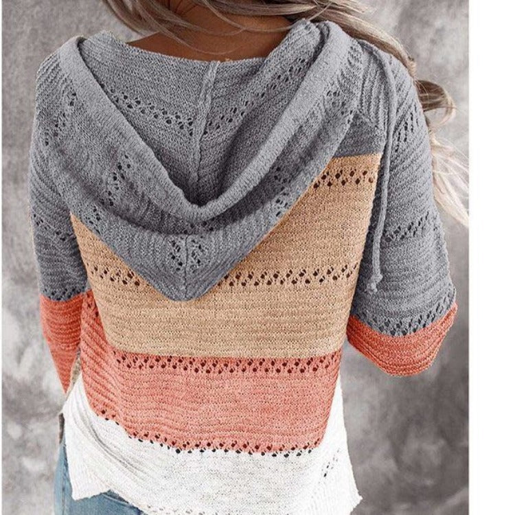 Damen Lockerer Strickkapuzenpullover mit Lochmuster und Eingrifftasche Drune