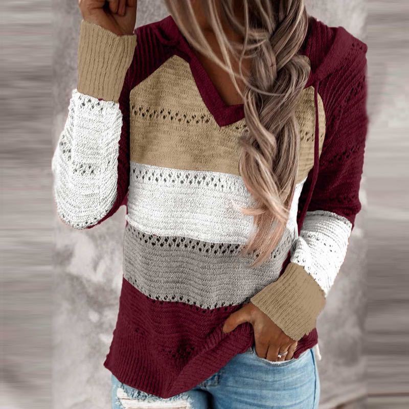 Damen Lockerer Strickkapuzenpullover mit Lochmuster und Eingrifftasche Drune