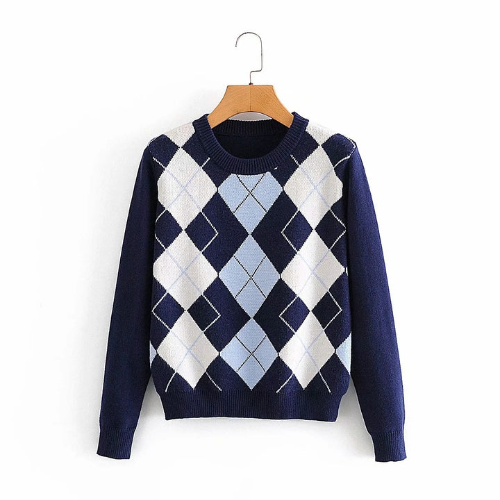 Damen nan Argyle Strickpullover mit Rundhalsausschnitt und geripptem Bund Drune