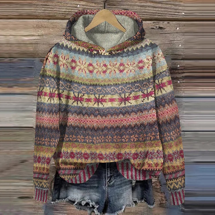 Drune | Damen Strickhoodie mit norwegischem Muster und Kapuze