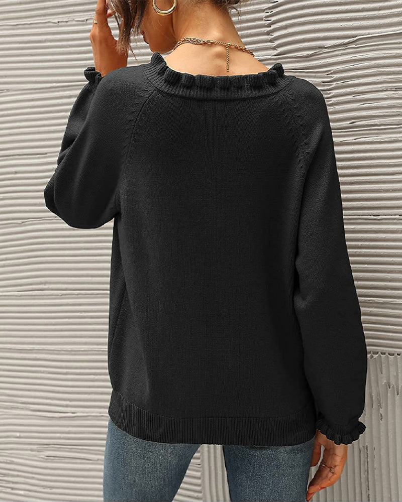 Drune | Lässiger Einfarbiger Pullover mit Reversknopf und Rüschen