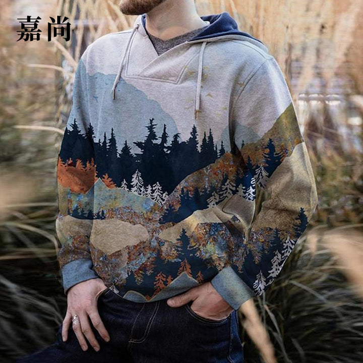Herren geräumiger Kapuzenpullover mit großflächigem Bergwald-Print und Kängurutasche Drune