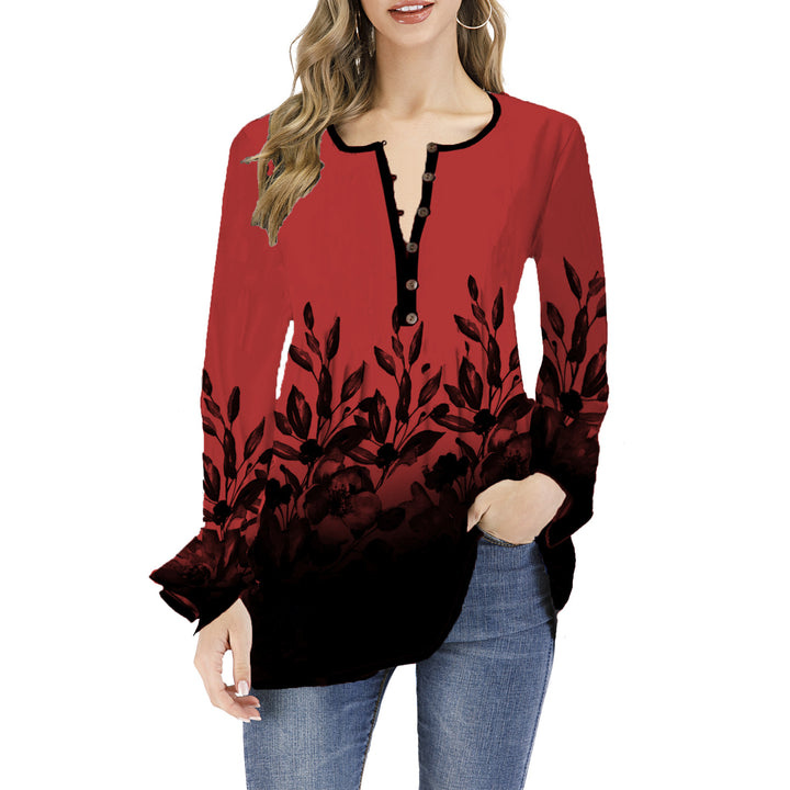 Damen Lockeres Langarm-Tunika-Shirt mit Henley-Knopfleiste und floralem Ombre-Print Drune