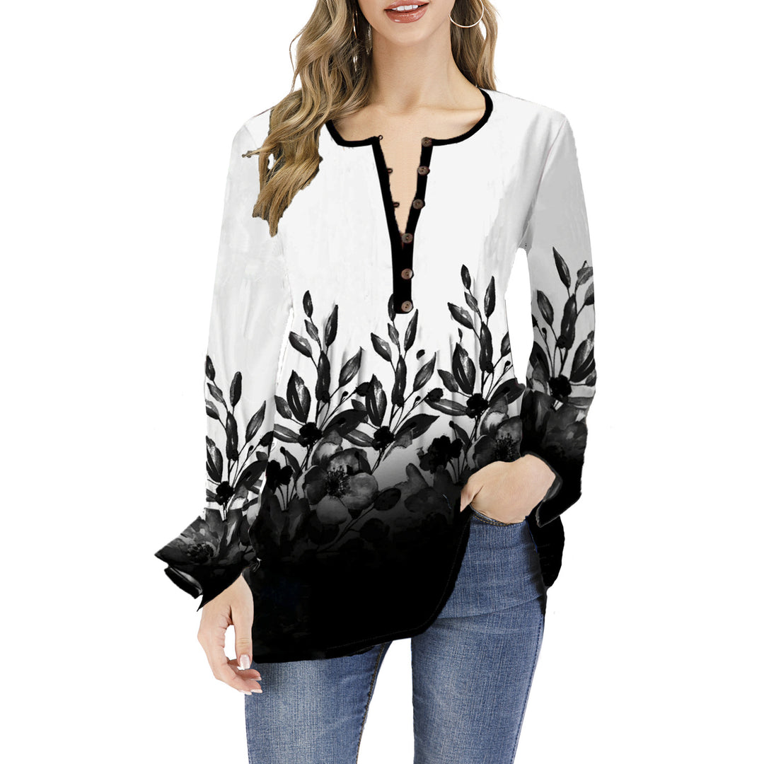Damen Lockeres Langarm-Tunika-Shirt mit Henley-Knopfleiste und floralem Ombre-Print Drune