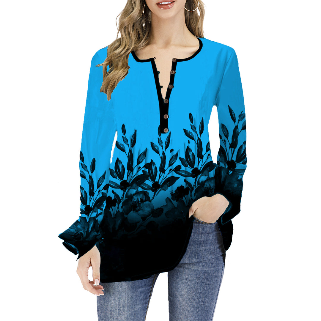 Damen Lockeres Langarm-Tunika-Shirt mit Henley-Knopfleiste und floralem Ombre-Print Drune