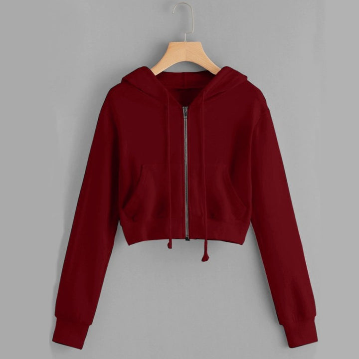 Damen Kurzer Reißverschluss Hoodie mit Kängurutasche Drune