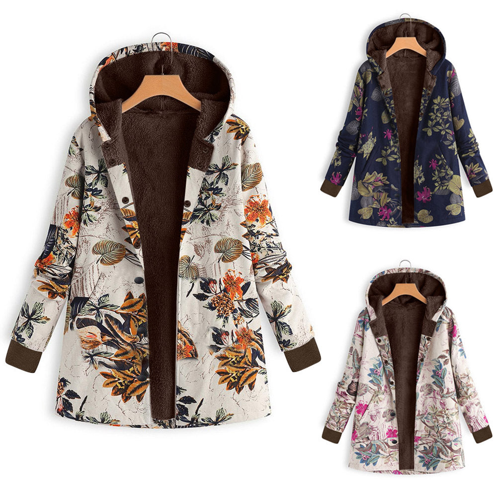 Damen Gefütterte Kapuzenjacke mit Kunstfellfutter, floralem Print und Eingrifftaschen Drune