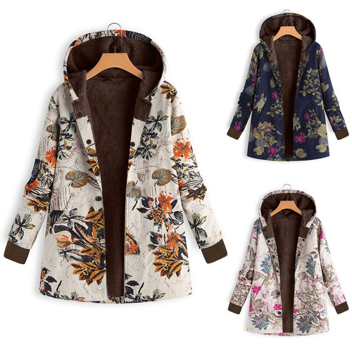 Damen Gefütterte Kapuzenjacke mit Kunstfellfutter, floralem Print und Eingrifftaschen Drune