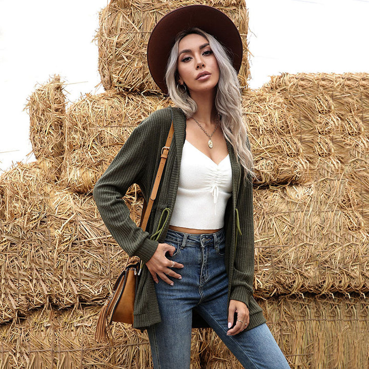 Damen Longline Feinstrickcardigan mit Tunnelzug, Rippstruktur und Eingrifftaschen Drune