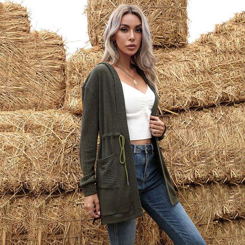 Damen Longline Feinstrickcardigan mit Tunnelzug, Rippstruktur und Eingrifftaschen Drune