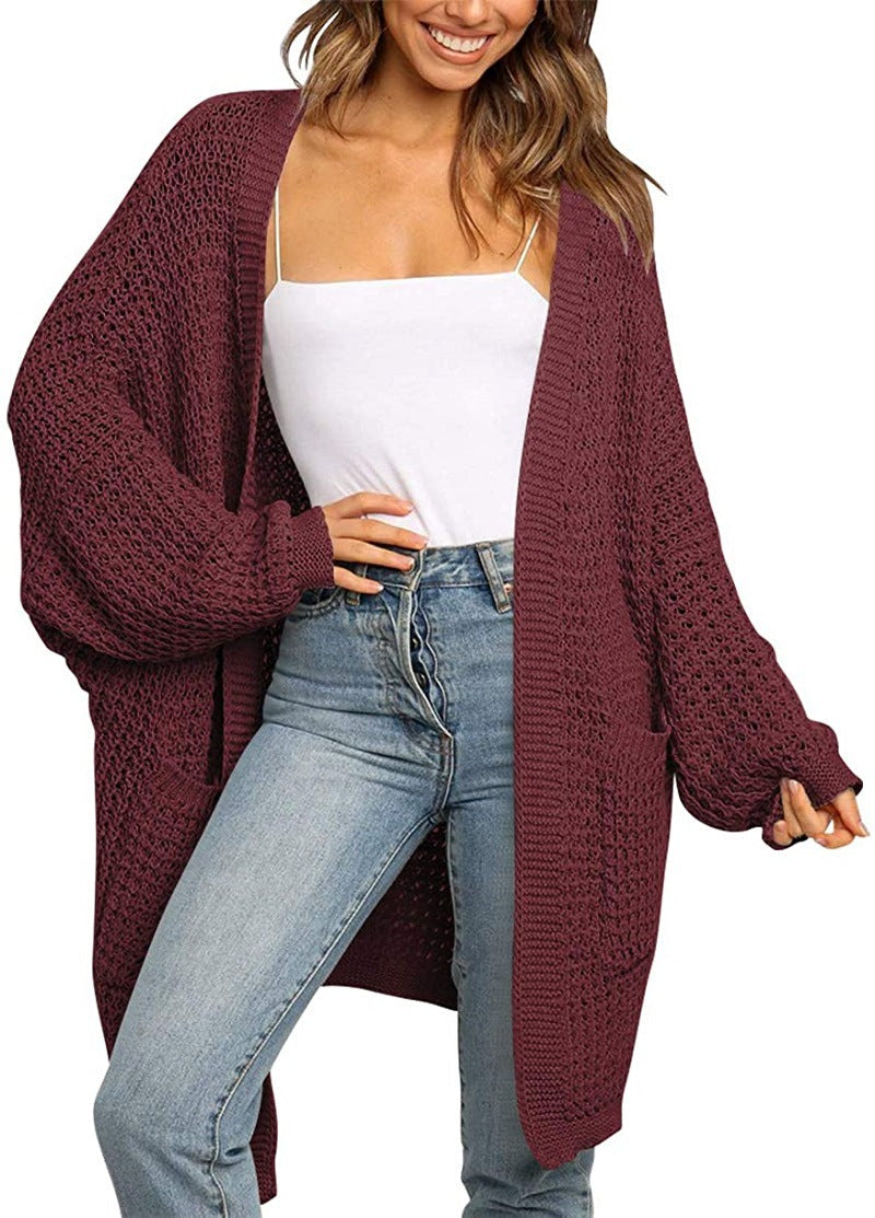 Damen Langer Offener Grobstrick-Cardigan im Cocoon-Schnitt mit Eingrifftaschen Drune