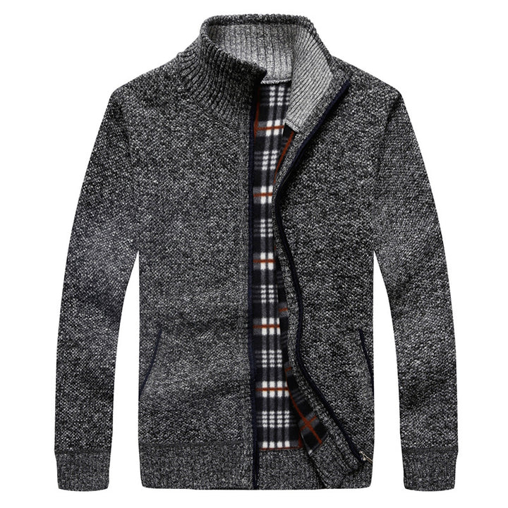 Herren Strick-Cardigan mit Fleece-Innenfutter, Stehkragen und Reißverschluss Drune